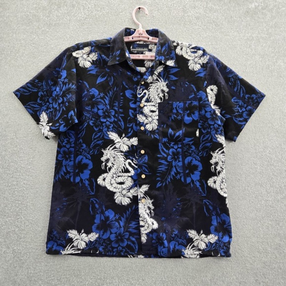 Extreme Gear‎ Men Button Up Shirt M Blue Floral Dragon Hawaiian Y2K Grunge